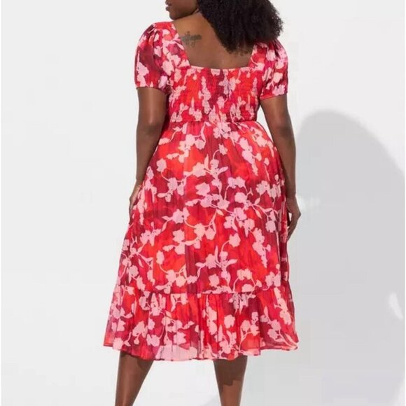 Torrid Size 1 Reddish Orange Cotton Clip Dot Lace Up Smocked Midi Dress - Picture 2 of 8